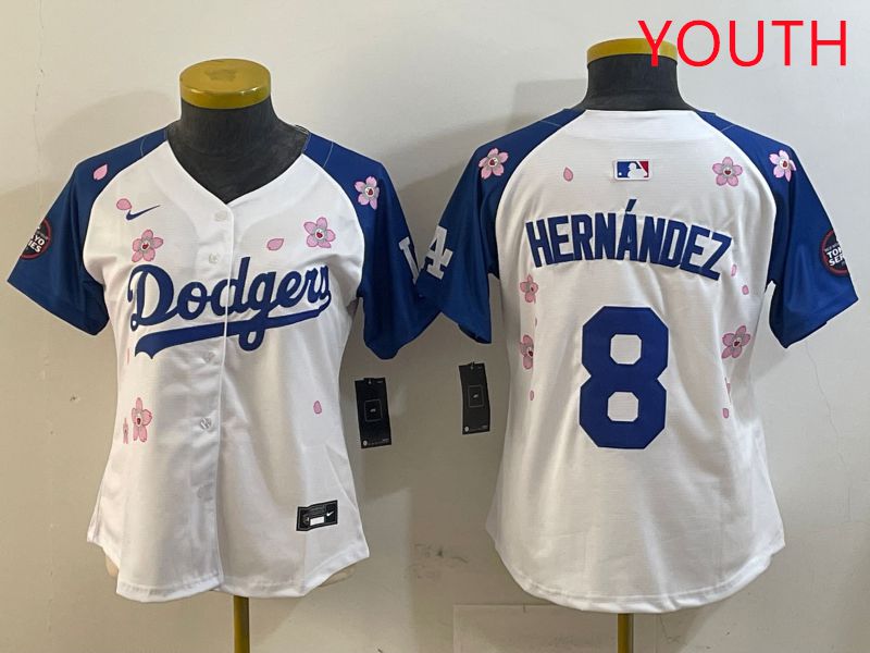 Youth Los Angeles Dodgers #8 Hernandez White Blue Sakura Edition 2025 Nike MLB Jersey style 1->youth mlb jersey->Youth Jersey